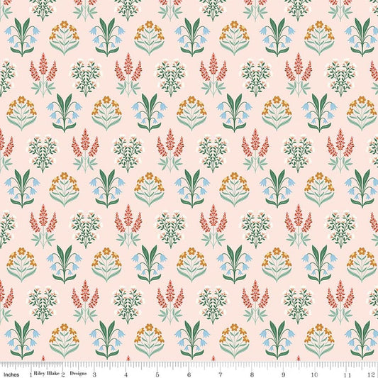 Image of Meadow Moments Blossom Trail Pink quilting cotton pattern by Little Forest Atelier for Riley Blake Designs. Features flowers on a pink background. Cute Little Fabric Shop.
