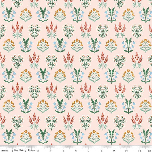 Image of Meadow Moments Blossom Trail Pink quilting cotton pattern by Little Forest Atelier for Riley Blake Designs. Features flowers on a pink background. Cute Little Fabric Shop.