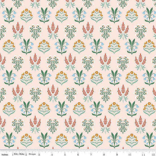 Image of Meadow Moments Blossom Trail Pink quilting cotton pattern by Little Forest Atelier for Riley Blake Designs. Features flowers on a pink background. Cute Little Fabric Shop.