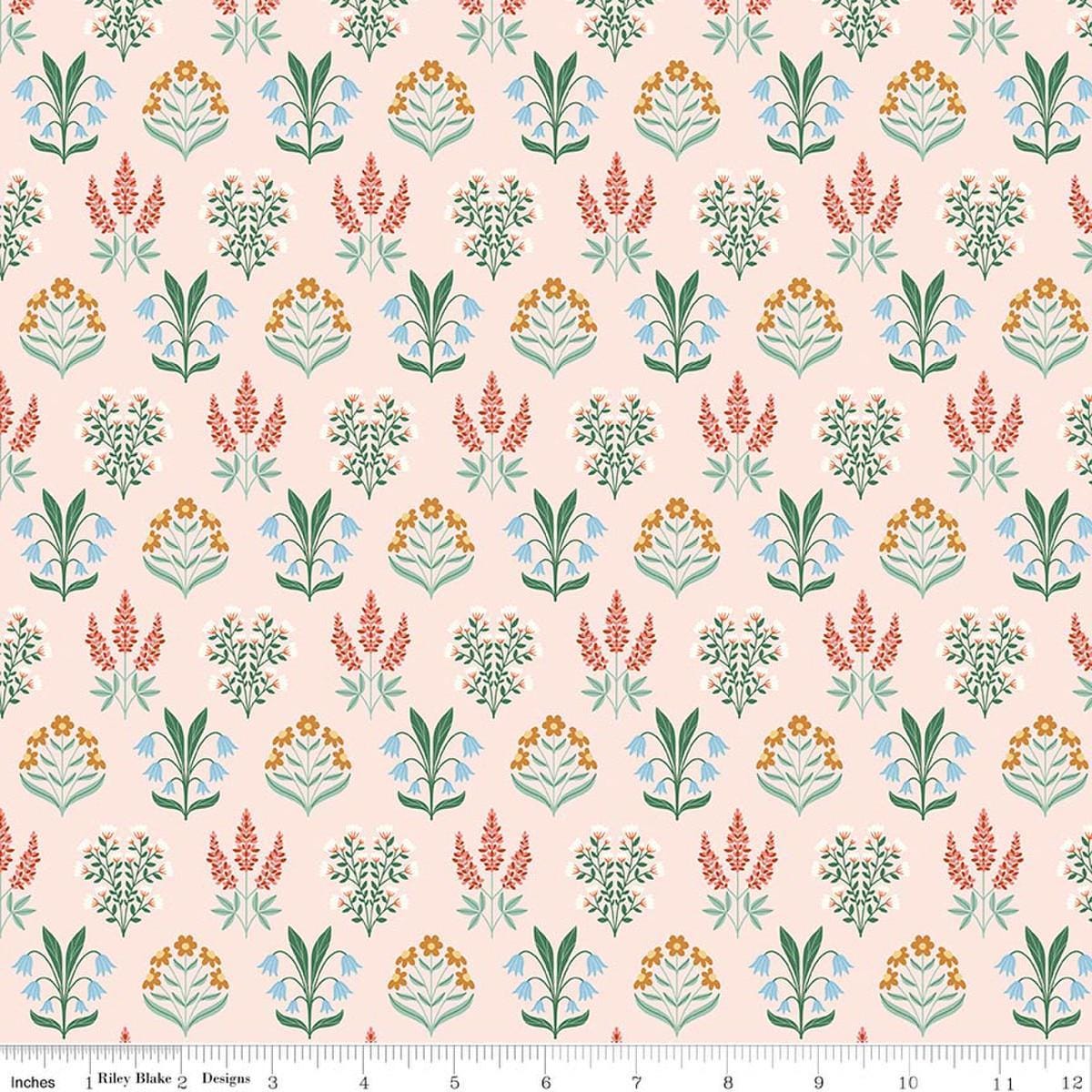 Image of Meadow Moments Blossom Trail Pink quilting cotton pattern by Little Forest Atelier for Riley Blake Designs. Features flowers on a pink background. Cute Little Fabric Shop.