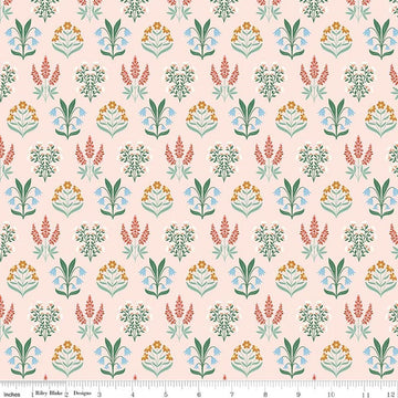 Image of Meadow Moments Blossom Trail Pink quilting cotton pattern by Little Forest Atelier for Riley Blake Designs. Features flowers on a pink background. Cute Little Fabric Shop.