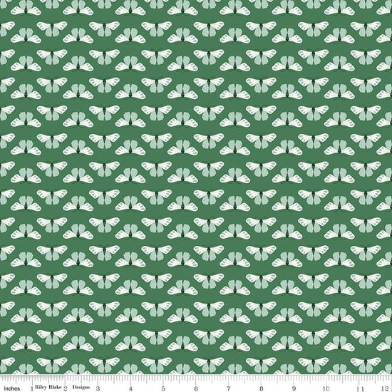 Image of Meadow Moments Butterflies Green quilting cotton pattern by Little Forest Atelier for Riley Blake Designs. Features butterflies on a green background. Cute Little Fabric Shop.