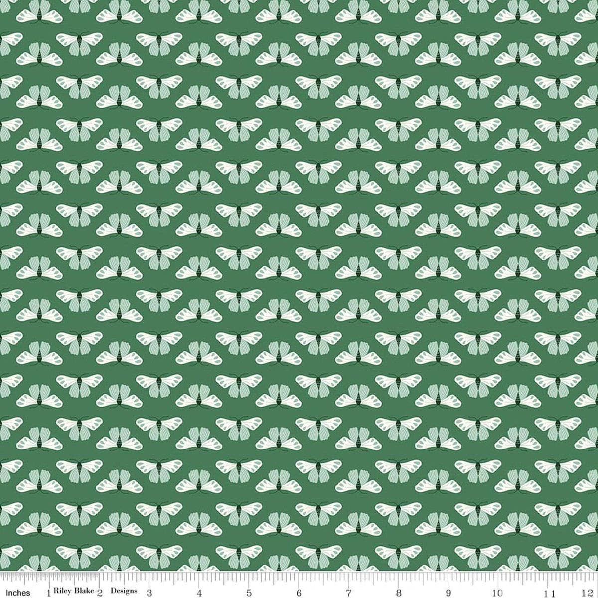 Image of Meadow Moments Butterflies Green quilting cotton pattern by Little Forest Atelier for Riley Blake Designs. Features butterflies on a green background. Cute Little Fabric Shop.