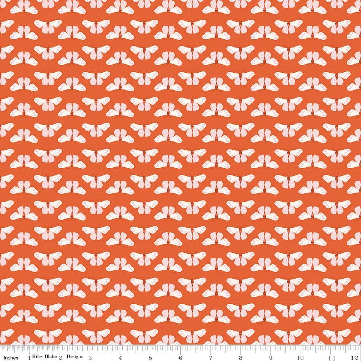 Image of Meadow Moments Butterflies Geranium quilting cotton pattern by Little Forest Atelier for Riley Blake Designs. Features butterflies on an orange background. Cute Little Fabric Shop.