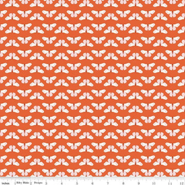 Image of Meadow Moments Butterflies Geranium quilting cotton pattern by Little Forest Atelier for Riley Blake Designs. Features butterflies on an orange background. Cute Little Fabric Shop.