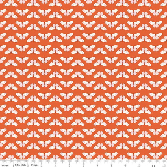 Image of Meadow Moments Butterflies Geranium quilting cotton pattern by Little Forest Atelier for Riley Blake Designs. Features butterflies on an orange background. Cute Little Fabric Shop.