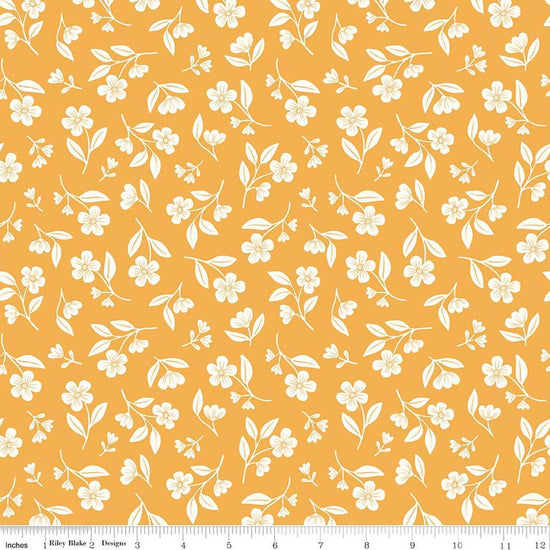 Image of Meadow Moments Drifting Blooms Yellow quilting cotton pattern by Little Forest Atelier for Riley Blake Designs. Features flowers on a yellow background. Cute Little Fabric Shop.