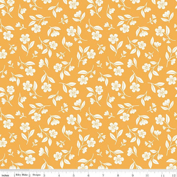 Image of Meadow Moments Drifting Blooms Yellow quilting cotton pattern by Little Forest Atelier for Riley Blake Designs. Features flowers on a yellow background. Cute Little Fabric Shop.