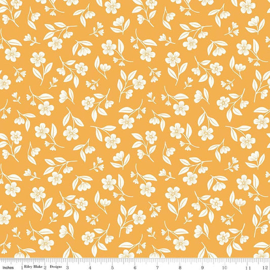Image of Meadow Moments Drifting Blooms Yellow quilting cotton pattern by Little Forest Atelier for Riley Blake Designs. Features flowers on a yellow background. Cute Little Fabric Shop.