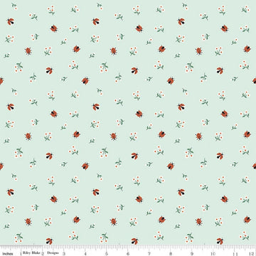 Image of Meadow Moments Ladybugs Mint quilting cotton pattern by Little Forest Atelier for Riley Blake Designs. Features flowers on a green background. Cute Little Fabric Shop.