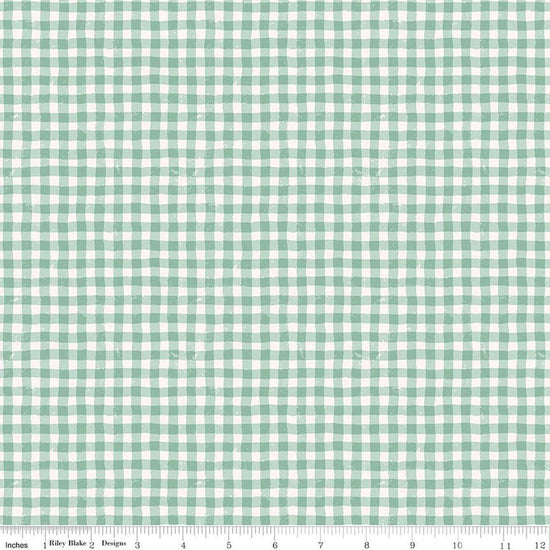 Image of Meadow Moments Summer Gingham Mint quilting cotton pattern by Little Forest Atelier for Riley Blake Designs. Features gingham on a green background. Cute Little Fabric Shop.