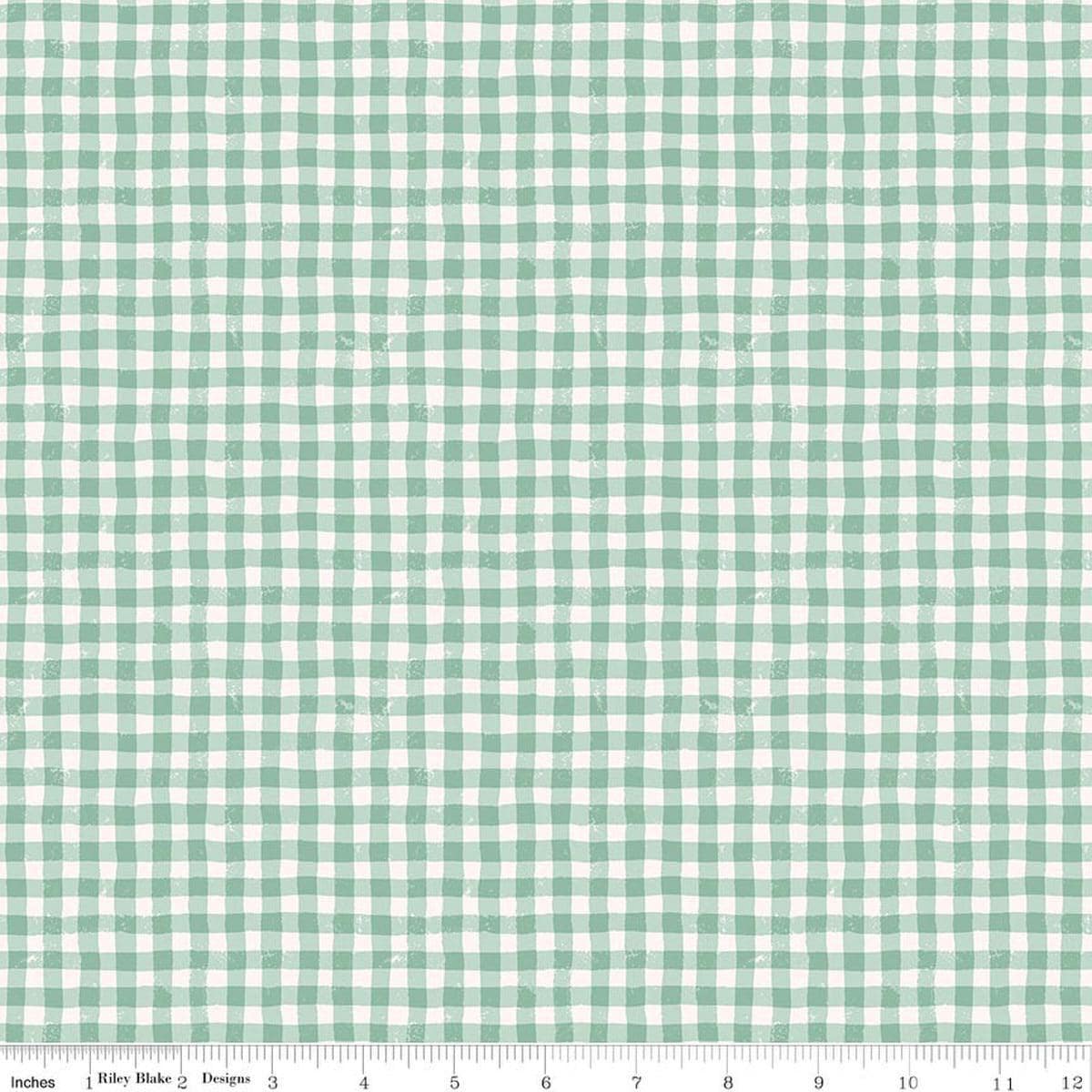 Image of Meadow Moments Summer Gingham Mint quilting cotton pattern by Little Forest Atelier for Riley Blake Designs. Features gingham on a green background. Cute Little Fabric Shop.
