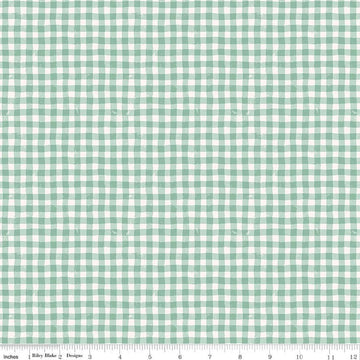 Image of Meadow Moments Summer Gingham Mint quilting cotton pattern by Little Forest Atelier for Riley Blake Designs. Features gingham on a green background. Cute Little Fabric Shop.