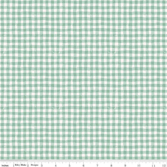 Image of Meadow Moments Summer Gingham Mint quilting cotton pattern by Little Forest Atelier for Riley Blake Designs. Features gingham on a green background. Cute Little Fabric Shop.