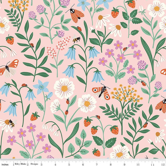 Image of Meadow Moments Blooms and Bugs Pink quilting cotton pattern by Little Forest Atelier for Riley Blake Designs. Features flowers on a pink background. Cute Little Fabric Shop.