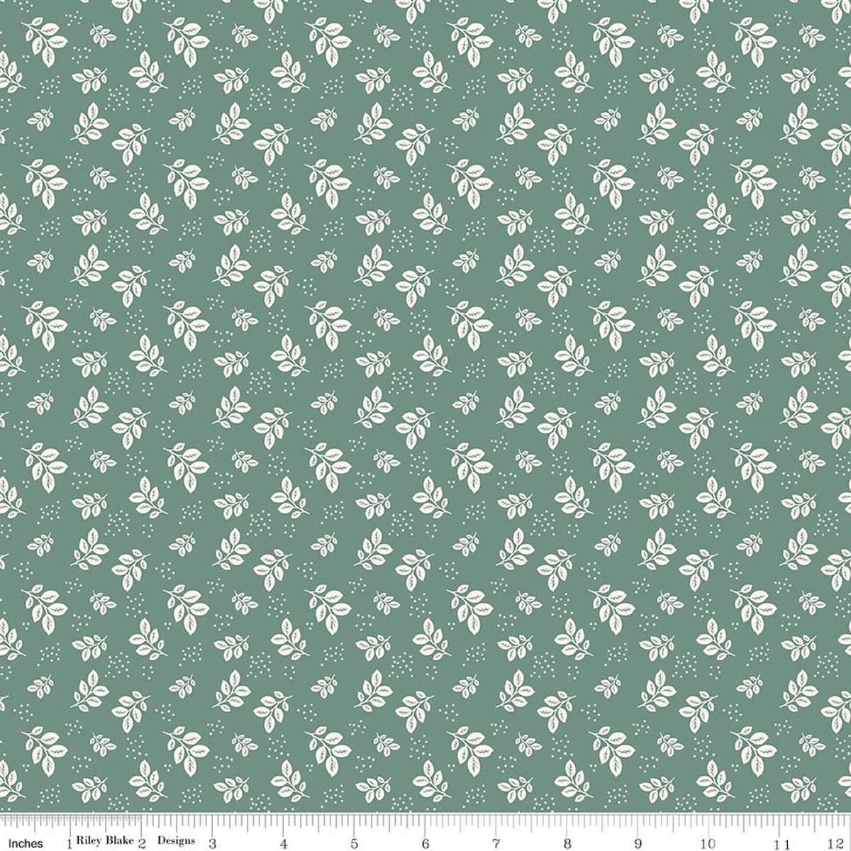 Image of Renew Leaves Aqua quilting cotton fabric by Sandy Gervais for Riley Blake Designs. Features leaves on a blue background. Cute Little Fabric Shop.