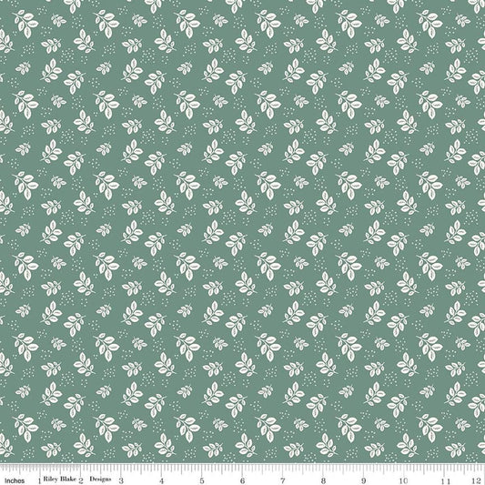 Image of Renew Leaves Aqua quilting cotton fabric by Sandy Gervais for Riley Blake Designs. Features leaves on a blue background. Cute Little Fabric Shop.