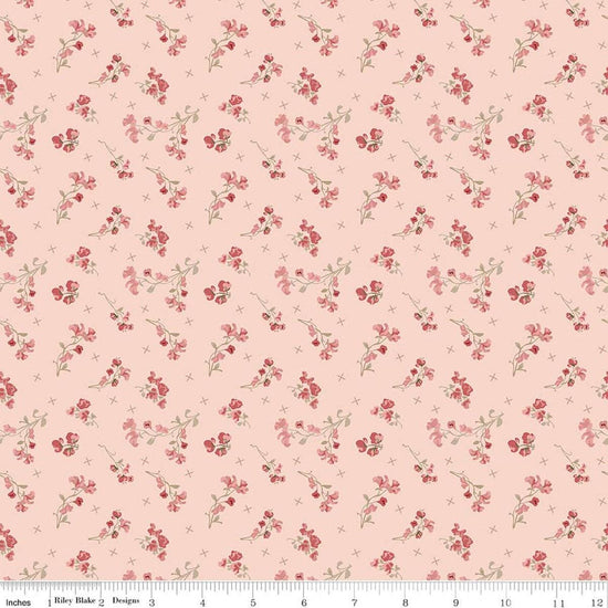 Image of Renew Sweet Pea Pink quilting cotton fabric by Sandy Gervais for Riley Blake Designs. Features flowers on a pink background. Cute Little Fabric Shop.