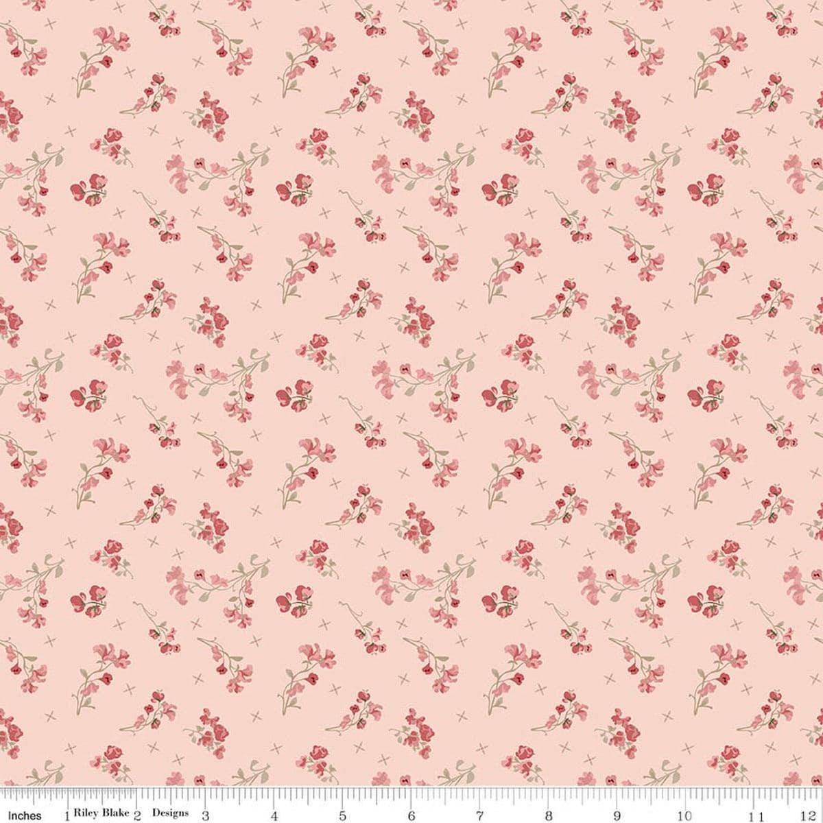 Image of Renew Sweet Pea Pink quilting cotton fabric by Sandy Gervais for Riley Blake Designs. Features flowers on a pink background. Cute Little Fabric Shop.