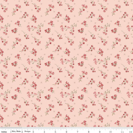 Image of Renew Sweet Pea Pink quilting cotton fabric by Sandy Gervais for Riley Blake Designs. Features flowers on a pink background. Cute Little Fabric Shop.