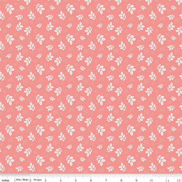 Image of Renew Leaves Coral quilting cotton fabric by Sandy Gervais for Riley Blake Designs. Features leaves on a pink background. Cute Little Fabric Shop.