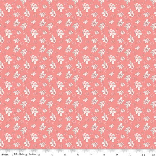 Image of Renew Leaves Coral quilting cotton fabric by Sandy Gervais for Riley Blake Designs. Features leaves on a pink background. Cute Little Fabric Shop.