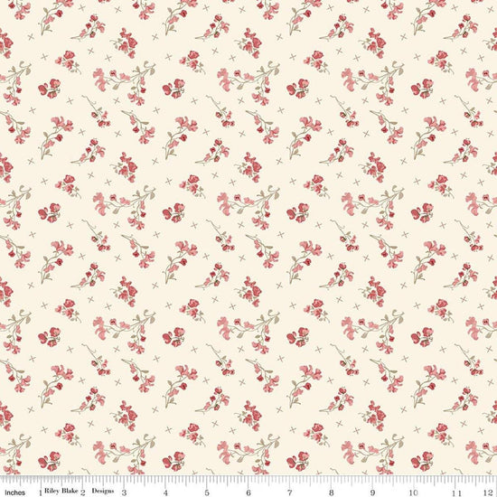 Image of Renew Sweet Pea Latte quilting cotton fabric by Sandy Gervais for Riley Blake Designs. Features flowers on a cream background. Cute Little Fabric Shop.
