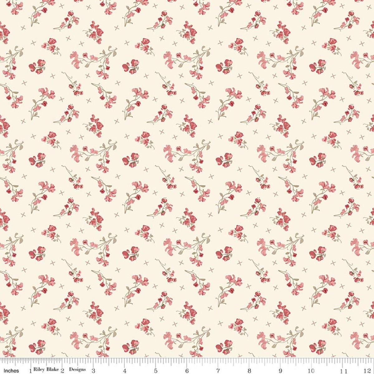 Image of Renew Sweet Pea Latte quilting cotton fabric by Sandy Gervais for Riley Blake Designs. Features flowers on a cream background. Cute Little Fabric Shop.