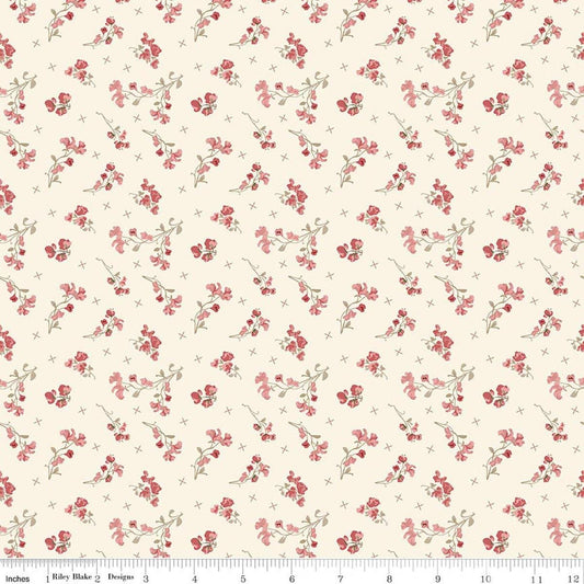 Image of Renew Sweet Pea Latte quilting cotton fabric by Sandy Gervais for Riley Blake Designs. Features flowers on a cream background. Cute Little Fabric Shop.
