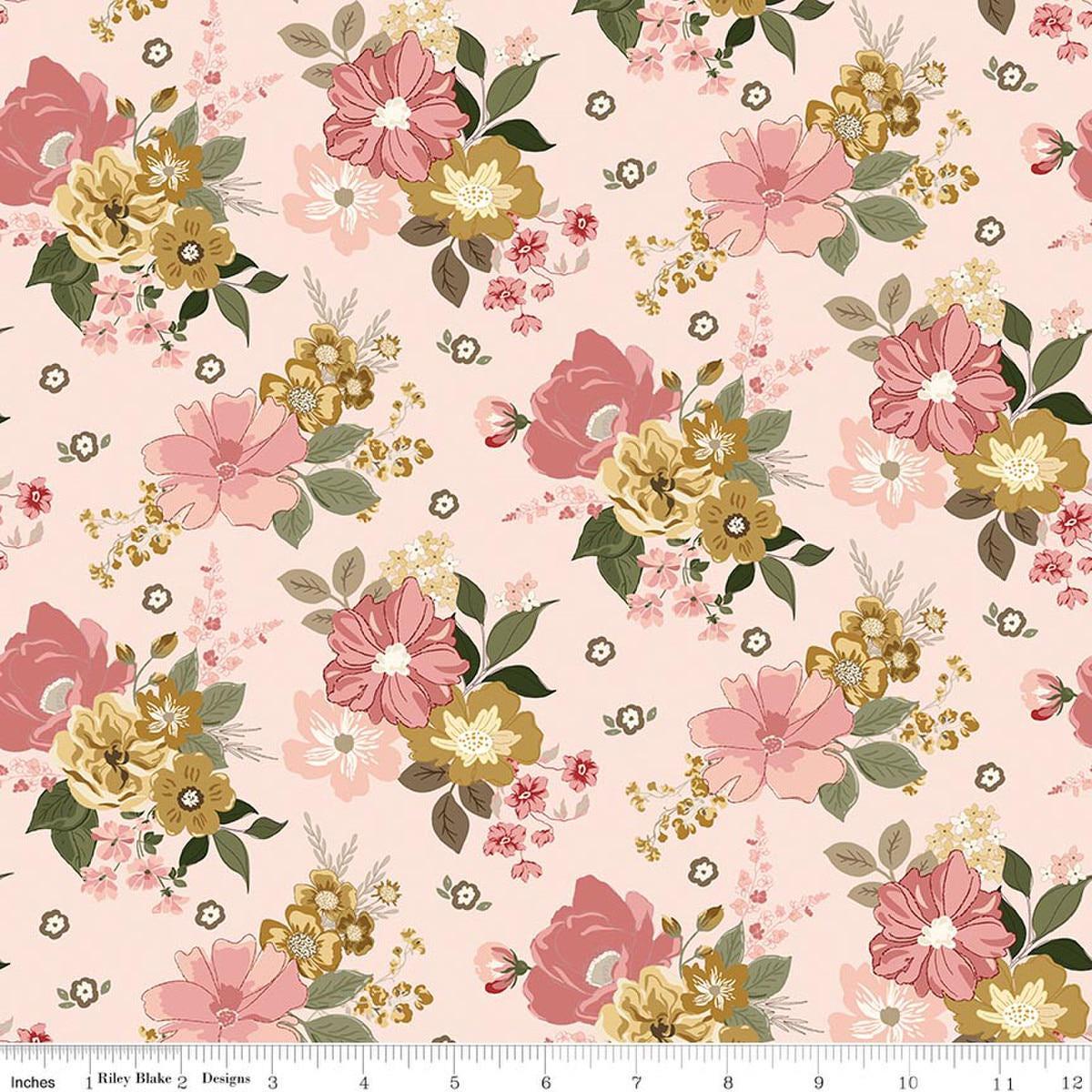 Image of Renew Main Pink quilting cotton fabric by Sandy Gervais for Riley Blake Designs. Features flowers on a pink background. Cute Little Fabric Shop.