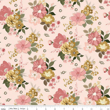 Image of Renew Main Pink quilting cotton fabric by Sandy Gervais for Riley Blake Designs. Features flowers on a pink background. Cute Little Fabric Shop.