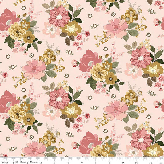 Image of Renew Main Pink quilting cotton fabric by Sandy Gervais for Riley Blake Designs. Features flowers on a pink background. Cute Little Fabric Shop.