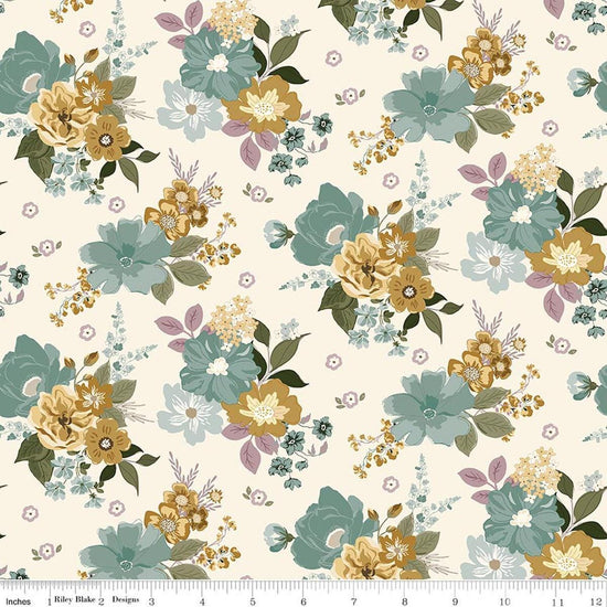 Image of Renew Main Latte quilting cotton fabric by Sandy Gervais for Riley Blake Designs. Features flowers on a cream background. Cute Little Fabric Shop.