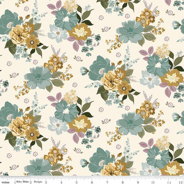 Image of Renew Main Latte quilting cotton fabric by Sandy Gervais for Riley Blake Designs. Features flowers on a cream background. Cute Little Fabric Shop.
