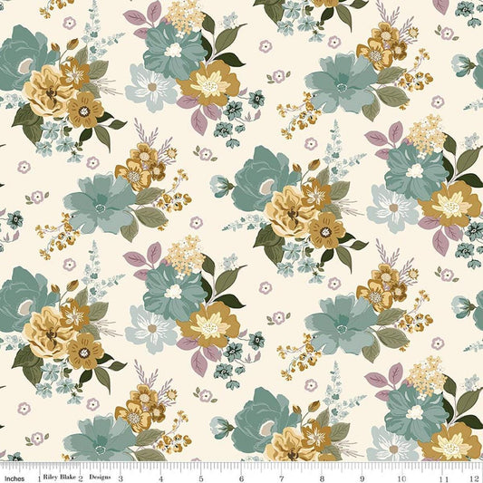 Image of Renew Main Latte quilting cotton fabric by Sandy Gervais for Riley Blake Designs. Features flowers on a cream background. Cute Little Fabric Shop.