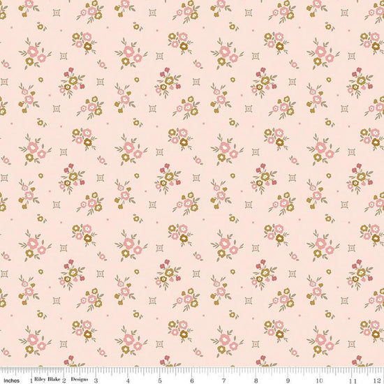 Image of Renew Floral Pink quilting cotton fabric by Sandy Gervais for Riley Blake Designs. Features flowers on a pink background. Cute Little Fabric Shop.