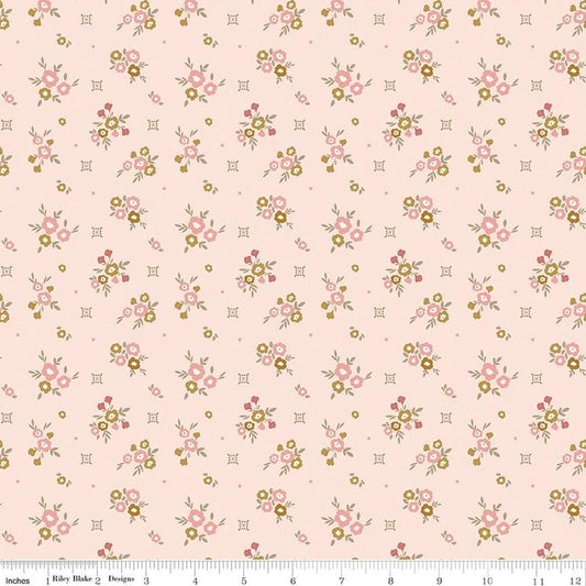 Image of Renew Floral Pink quilting cotton fabric by Sandy Gervais for Riley Blake Designs. Features flowers on a pink background. Cute Little Fabric Shop.
