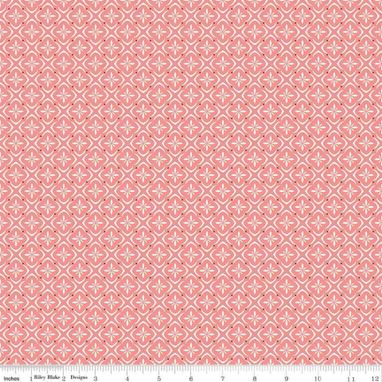 Image of Renew Tile Coral quilting cotton fabric by Sandy Gervais for Riley Blake Designs. Features squares on a pink background. Cute Little Fabric Shop.