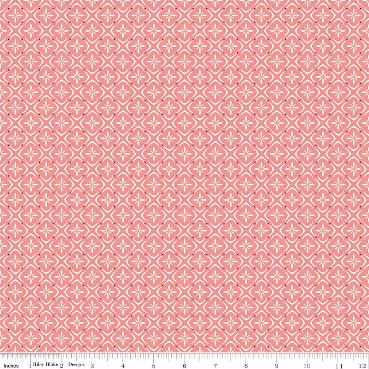 Image of Renew Tile Coral quilting cotton fabric by Sandy Gervais for Riley Blake Designs. Features squares on a pink background. Cute Little Fabric Shop.