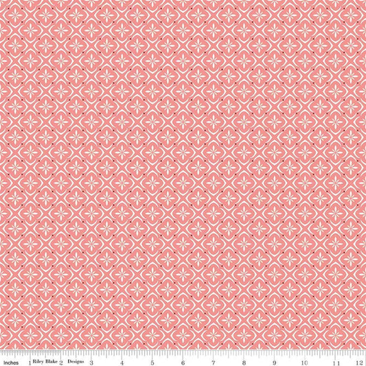 Image of Renew Tile Coral quilting cotton fabric by Sandy Gervais for Riley Blake Designs. Features squares on a pink background. Cute Little Fabric Shop.