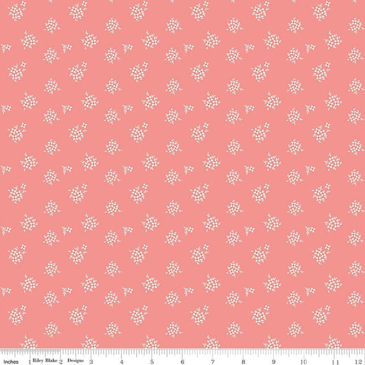 Image of Renew Ditsy Coral quilting cotton fabric by Sandy Gervais for Riley Blake Designs. Features flowers on a pink background. Cute Little Fabric Shop.