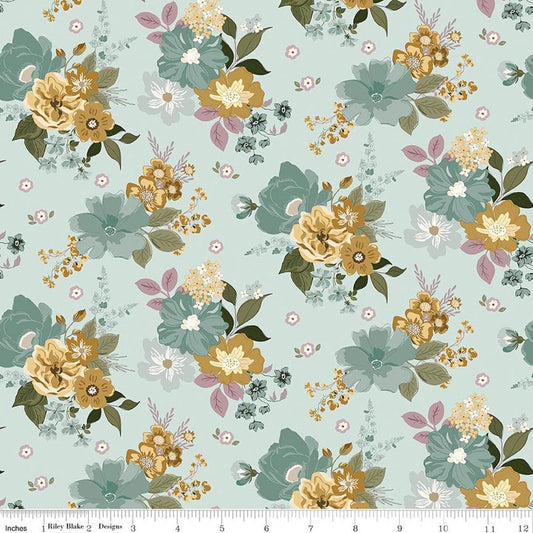 Image of Renew Main Bleached Denim quilting cotton fabric by Sandy Gervais for Riley Blake Designs. Features flowers on a blue background. Cute Little Fabric Shop.