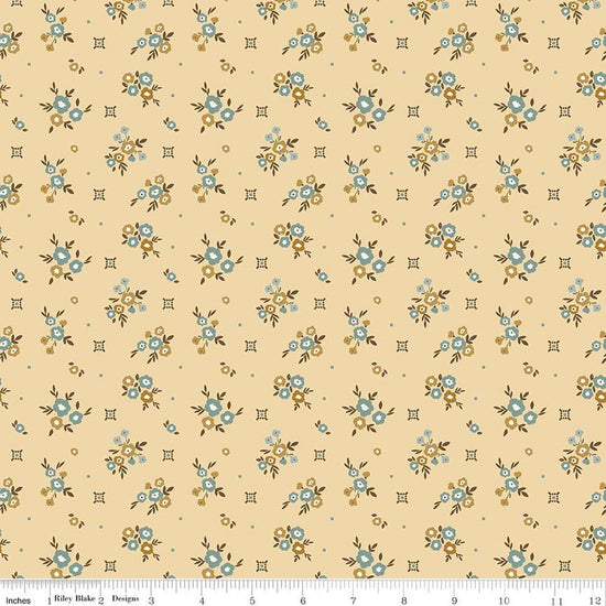 Image of Renew Floral Yellow quilting cotton fabric by Sandy Gervais for Riley Blake Designs. Features flowers on a yellow background. Cute Little Fabric Shop.