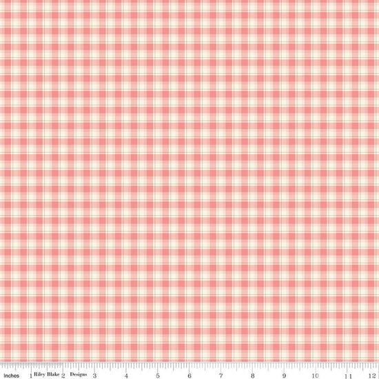 Image of Renew Plaid Coral quilting cotton fabric by Sandy Gervais for Riley Blake Designs. Features plaid on a pink background. Cute Little Fabric Shop.