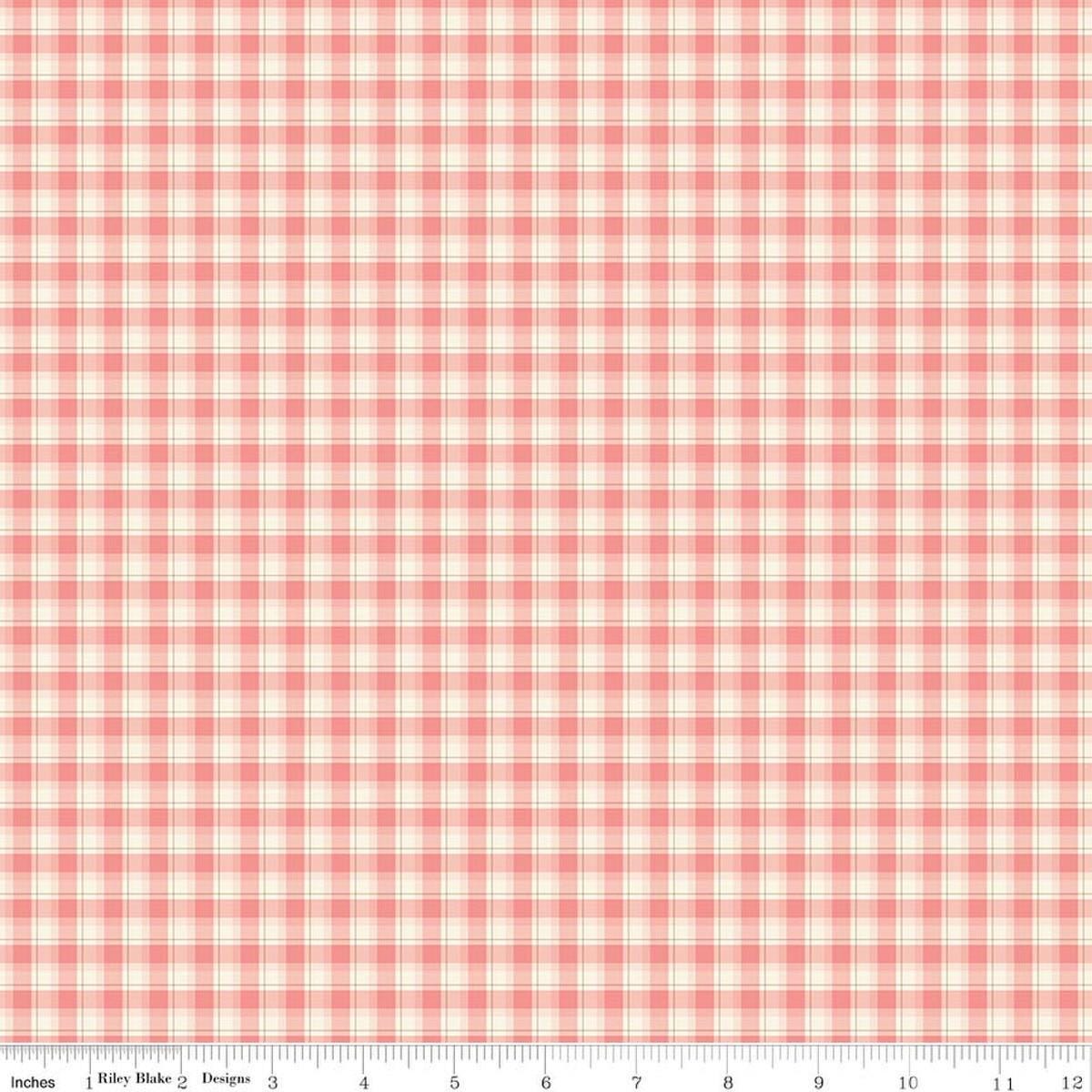 Image of Renew Plaid Coral quilting cotton fabric by Sandy Gervais for Riley Blake Designs. Features plaid on a pink background. Cute Little Fabric Shop.
