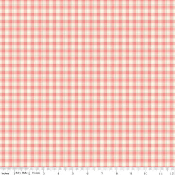 Image of Renew Plaid Coral quilting cotton fabric by Sandy Gervais for Riley Blake Designs. Features plaid on a pink background. Cute Little Fabric Shop.
