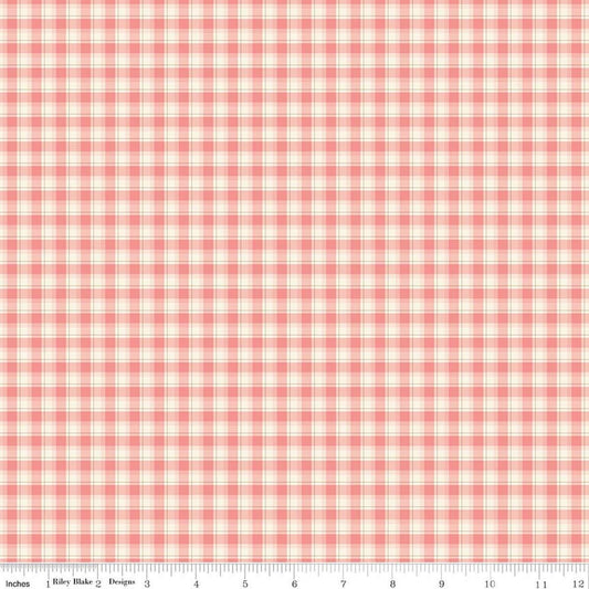 Image of Renew Plaid Coral quilting cotton fabric by Sandy Gervais for Riley Blake Designs. Features plaid on a pink background. Cute Little Fabric Shop.