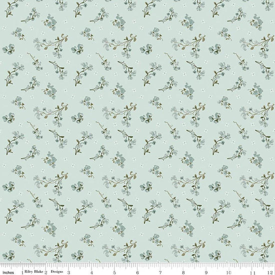 Image of Renew Sweet Pea Bleached Denim quilting cotton fabric by Sandy Gervais for Riley Blake Designs. Features flowers on a blue background. Cute Little Fabric Shop.