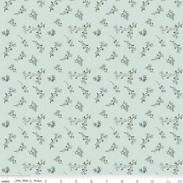 Image of Renew Sweet Pea Bleached Denim quilting cotton fabric by Sandy Gervais for Riley Blake Designs. Features flowers on a blue background. Cute Little Fabric Shop.
