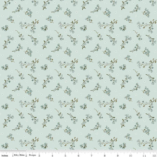 Image of Renew Sweet Pea Bleached Denim quilting cotton fabric by Sandy Gervais for Riley Blake Designs. Features flowers on a blue background. Cute Little Fabric Shop.